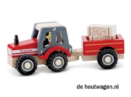 houten tractor met aanhanger met hooibalen