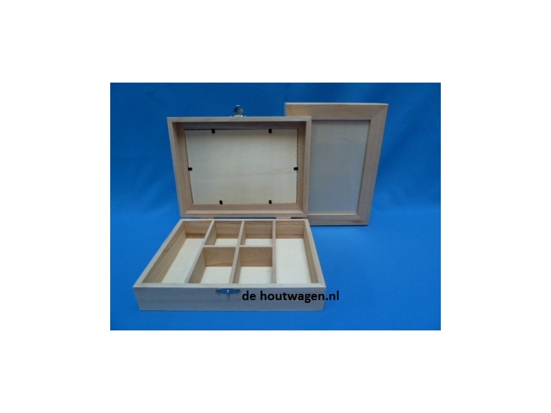 houten kist met 6 vakken en fotolijst - 21x16x6